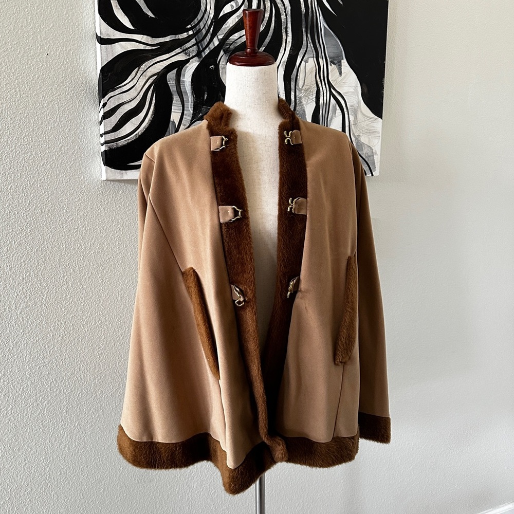 Vintage suede leather cape with faux fur detail trim and buckles